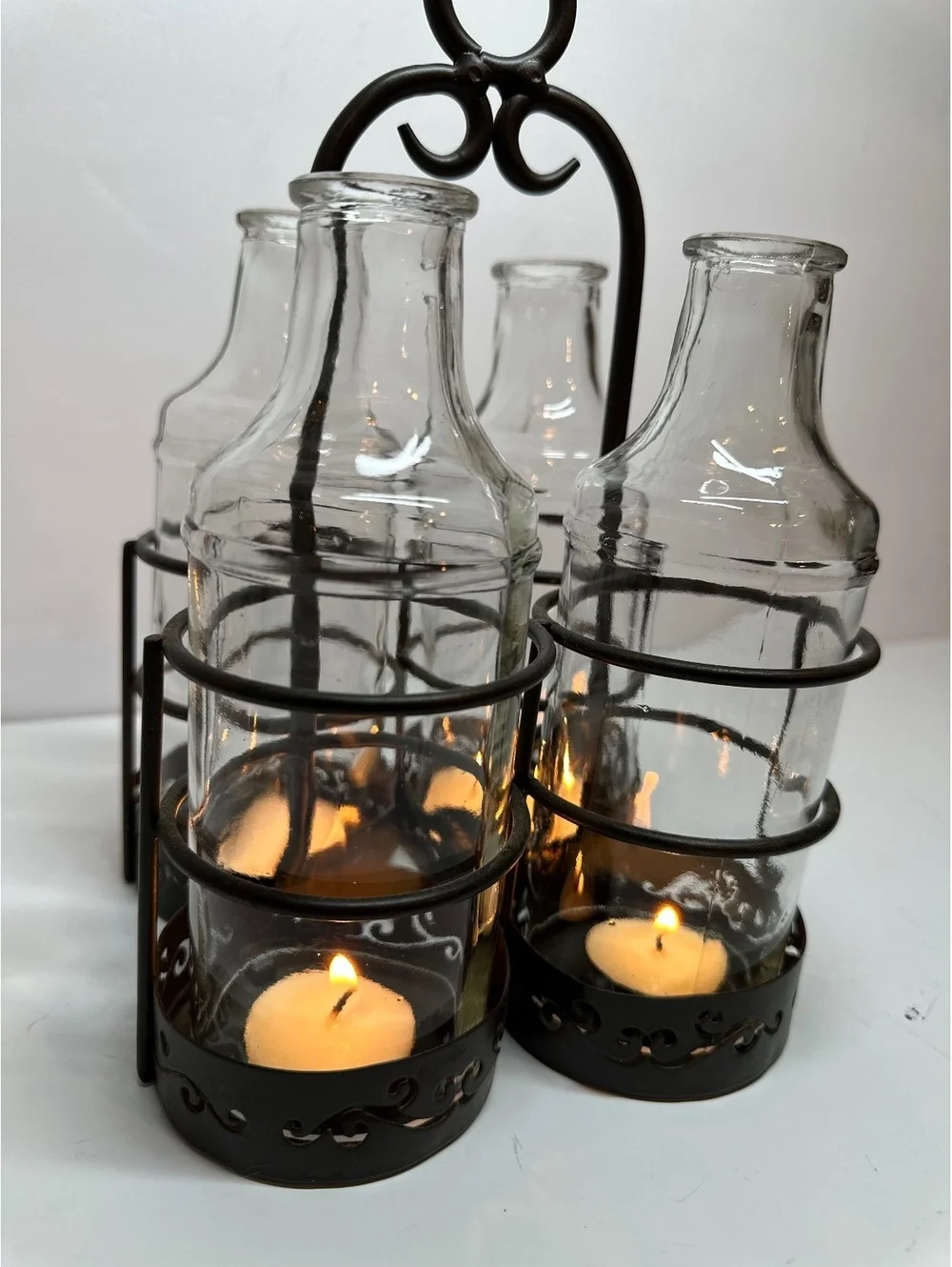Vintage Rustic Centerpiece 4 Clear Glass Bottles Black Metal Candle Holder
